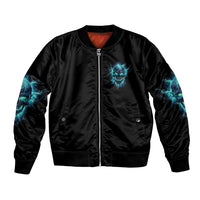 Unisex black bomber jacket with teal skull graphic, front zip closure, and ribbed hem