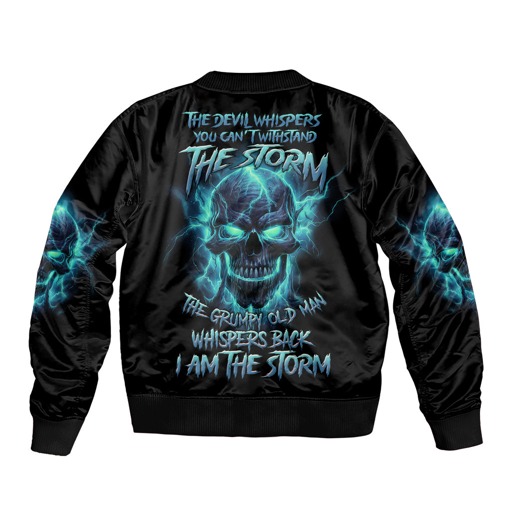 Unisex black bomber jacket with teal lightning skull graphic on back and ribbed cuffs