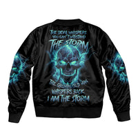 Unisex black bomber jacket with teal lightning skull graphic on back and ribbed cuffs