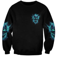 Unisex black sweatshirt with small blue skull logo, blue lightning sleeves, crew neck