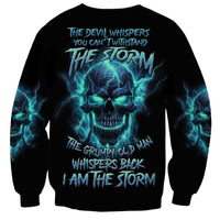 Unisex black sweatshirt with blue neon skull graphic and storm text, long sleeves