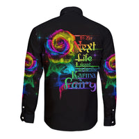 Black long-sleeve button shirt with multicolor rose smoke skull back print
