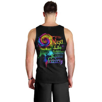 Men's black tank top with rainbow rose smoke skull and 'Karma Fairy' back print