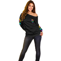 Black off-shoulder sweater with multicolor rose graphic sleeve and front