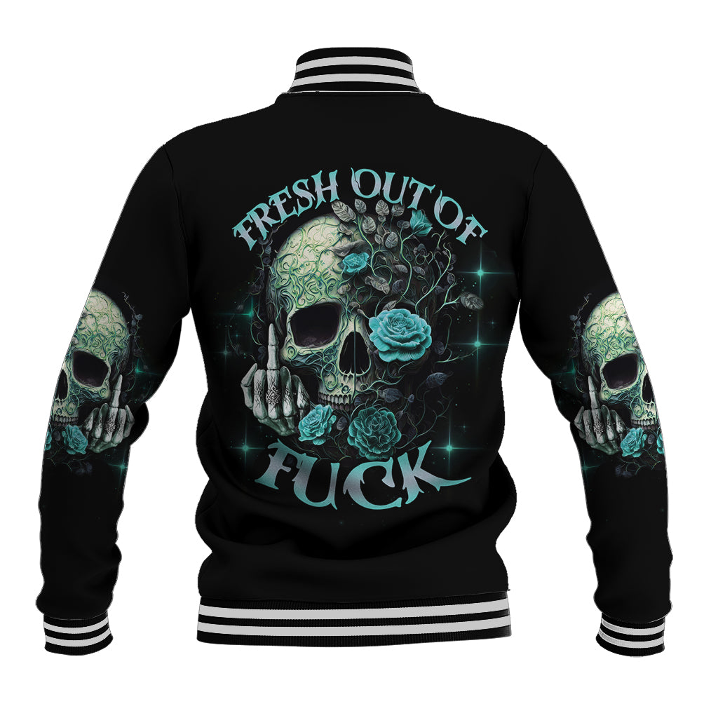 Black baseball jacket, back graphic skull with roses and teal text; striped ribbed collar