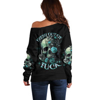 Women's off-shoulder sweater, black with skull and rose graphic, long sleeves