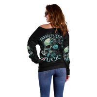 Women's off-shoulder sweater, black with back skull-and-rose text graphic