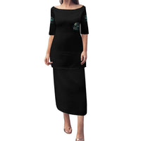 Black long dress with skull graphic, wide neckline, 3/4 sleeves, fitted silhouette