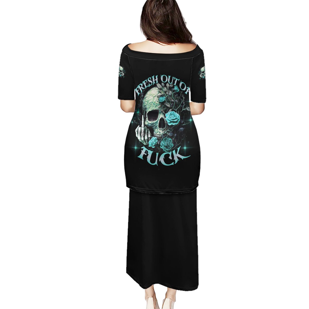 Black long dress with skull-and-rose graphic and slogan on back, 3/4 sleeves
