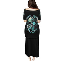 Black long dress with skull-and-rose graphic and slogan on back, 3/4 sleeves