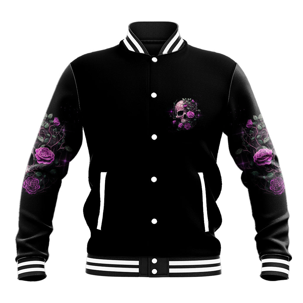 Black varsity baseball jacket with purple rose skull chest logo and striped snap front