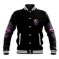 Black varsity baseball jacket with purple rose skull chest logo and striped snap front