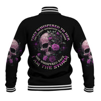Black baseball jacket with purple rose skull back graphic and striped ribbed collar