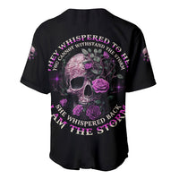 Black baseball jersey with purple rose and skull front graphic, short sleeves