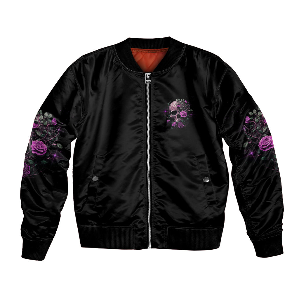Black bomber jacket with front zipper and purple rose-skulll sleeve accents
