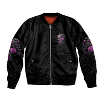 Black bomber jacket with front zipper and purple rose-skulll sleeve accents