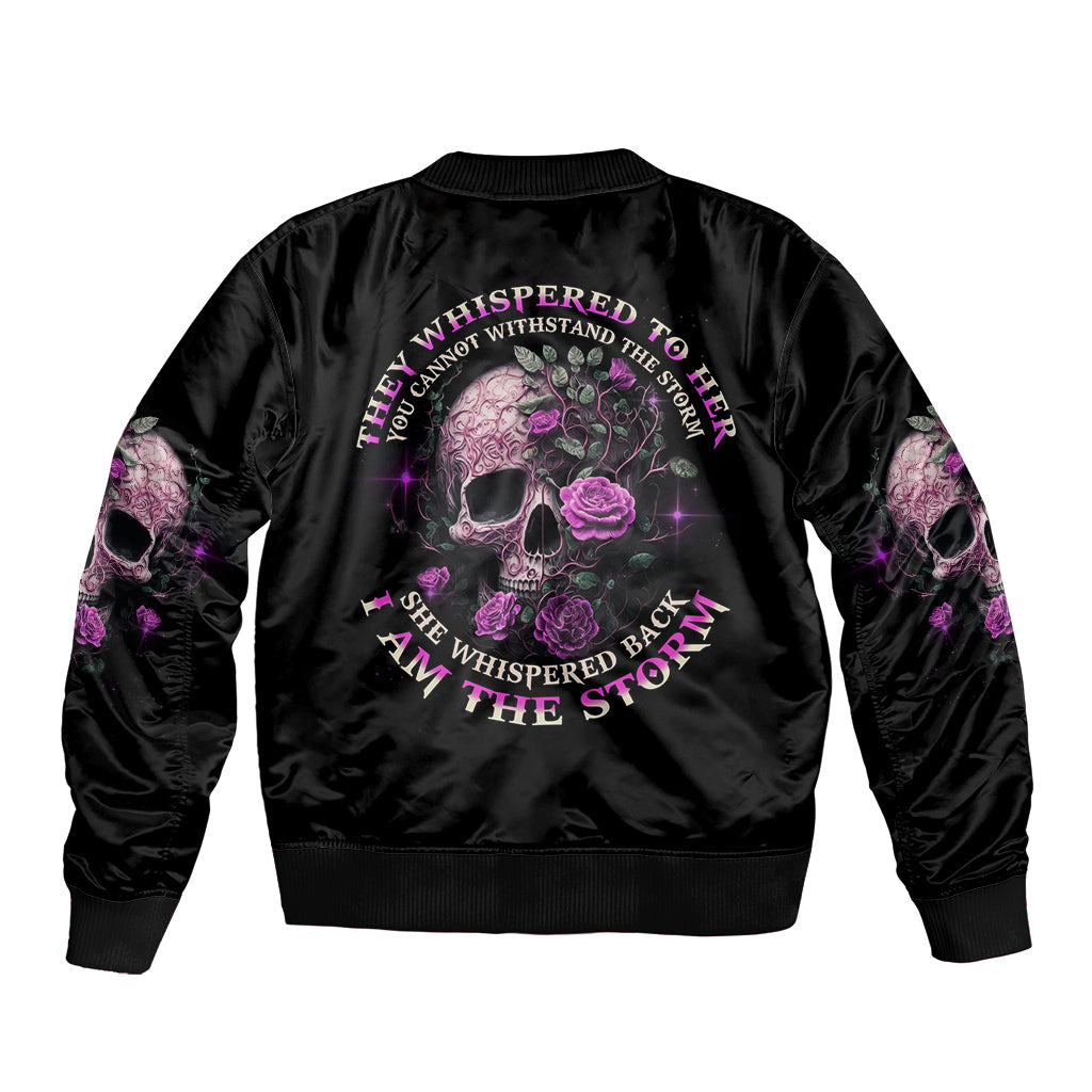 Black bomber jacket with purple rose-and-skull back graphic, ribbed cuffs and hem