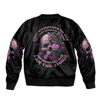 Black bomber jacket with purple rose-and-skull back graphic, ribbed cuffs and hem