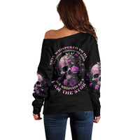 Women's off-shoulder sweatshirt with purple skull rose graphic, long sleeves, back view