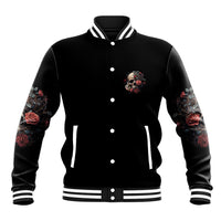 Black baseball jacket, snap-button front; chest skull-rose emblem and rose sleeves