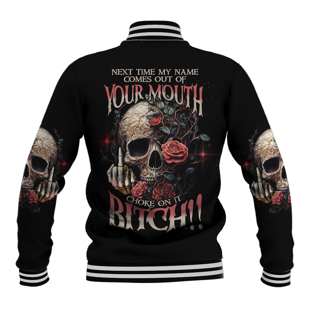Black baseball jacket with ribbed striped collar, back skull and rose graphic