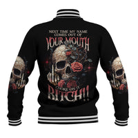 Black baseball jacket with ribbed striped collar, back skull and rose graphic