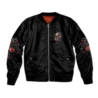Unisex black satin bomber jacket, front zip, embroidered skull with rose on chest.