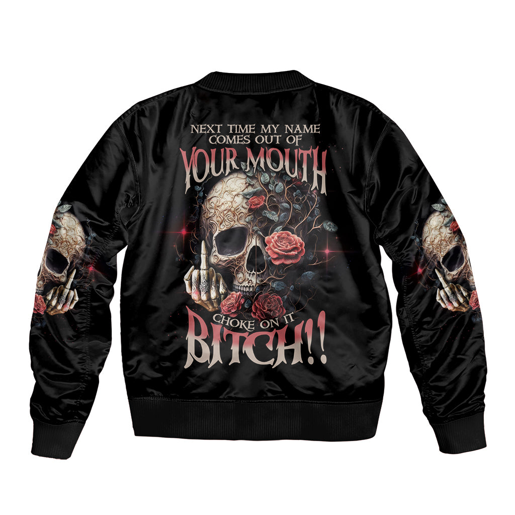 Unisex black satin bomber jacket, ribbed collar cuffs, back graphic of skull and roses.
