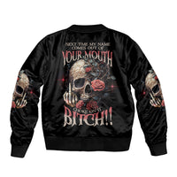 Unisex black satin bomber jacket, ribbed collar cuffs, back graphic of skull and roses.