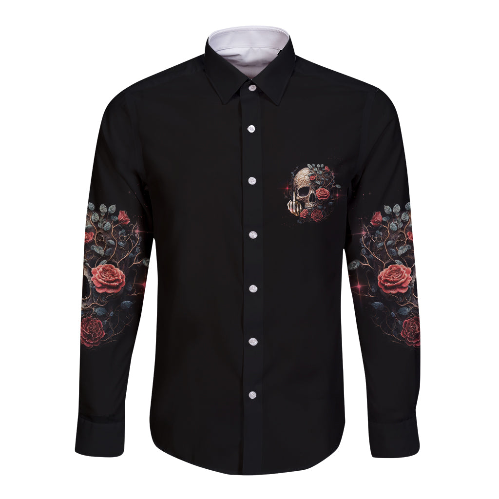 Black long sleeve button shirt with front skull rose badge and floral sleeve prints