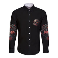 Black long sleeve button shirt with front skull rose badge and floral sleeve prints