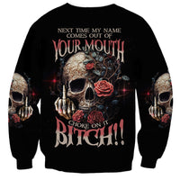Black crewneck sweatshirt with skull, roses, and bold 'BITCH!!' graphic