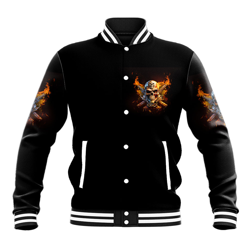 Black varsity baseball jacket with striped collar and cuffs, front fire skull graphic