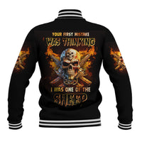 Black baseball jacket with striped rib collar, back fire skull graphic and text