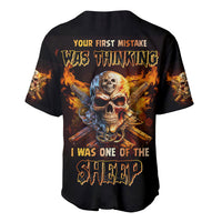 Black baseball jersey with fiery skull graphic and “Was Thinking” text on back