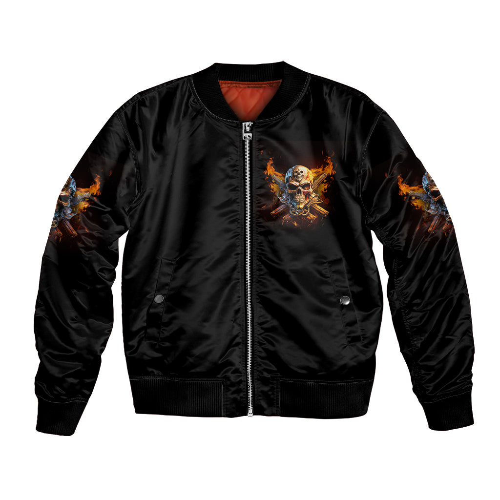 Black unisex bomber jacket with fire skull graphic on chest, front zipper and ribbed hem