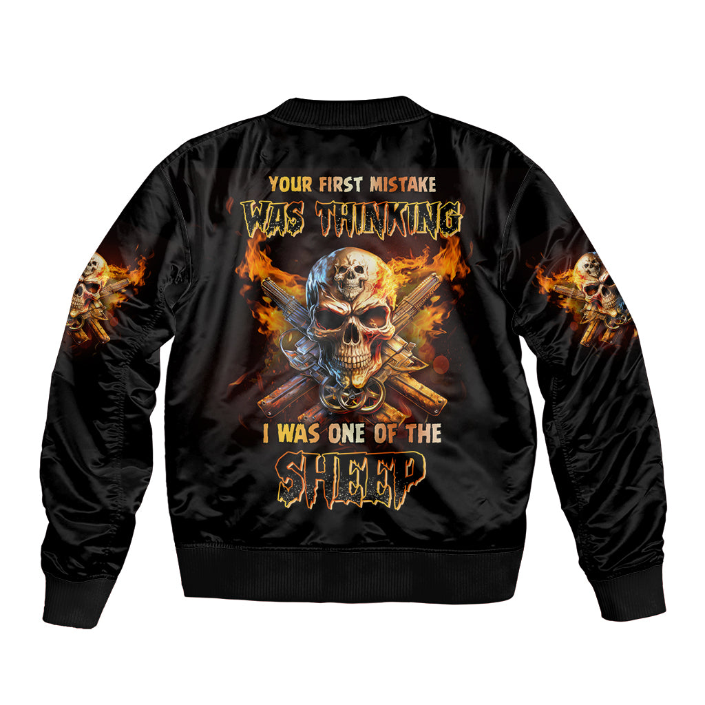 Black bomber jacket with fire skull graphic on back, ribbed collar and cuffs