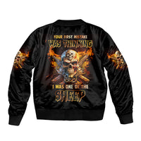 Black bomber jacket with fire skull graphic on back, ribbed collar and cuffs