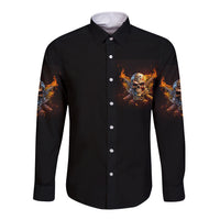 Black long-sleeve button shirt with fire skull chest graphic and front button placket