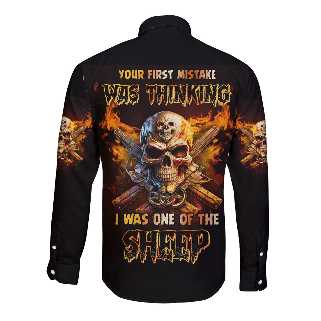 Black long-sleeve button shirt with fire skull back graphic and bold text