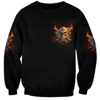 Black sweatshirt with small center fiery skull-and-guns graphic