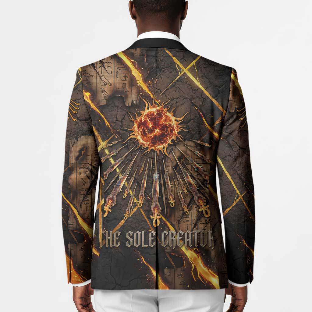 Aten Blazer Ancient Egyptian Cracked Stone Hieroglyph, Solar Eclipse Emblem, and Radiant Sunburst - Wonder Print Shop