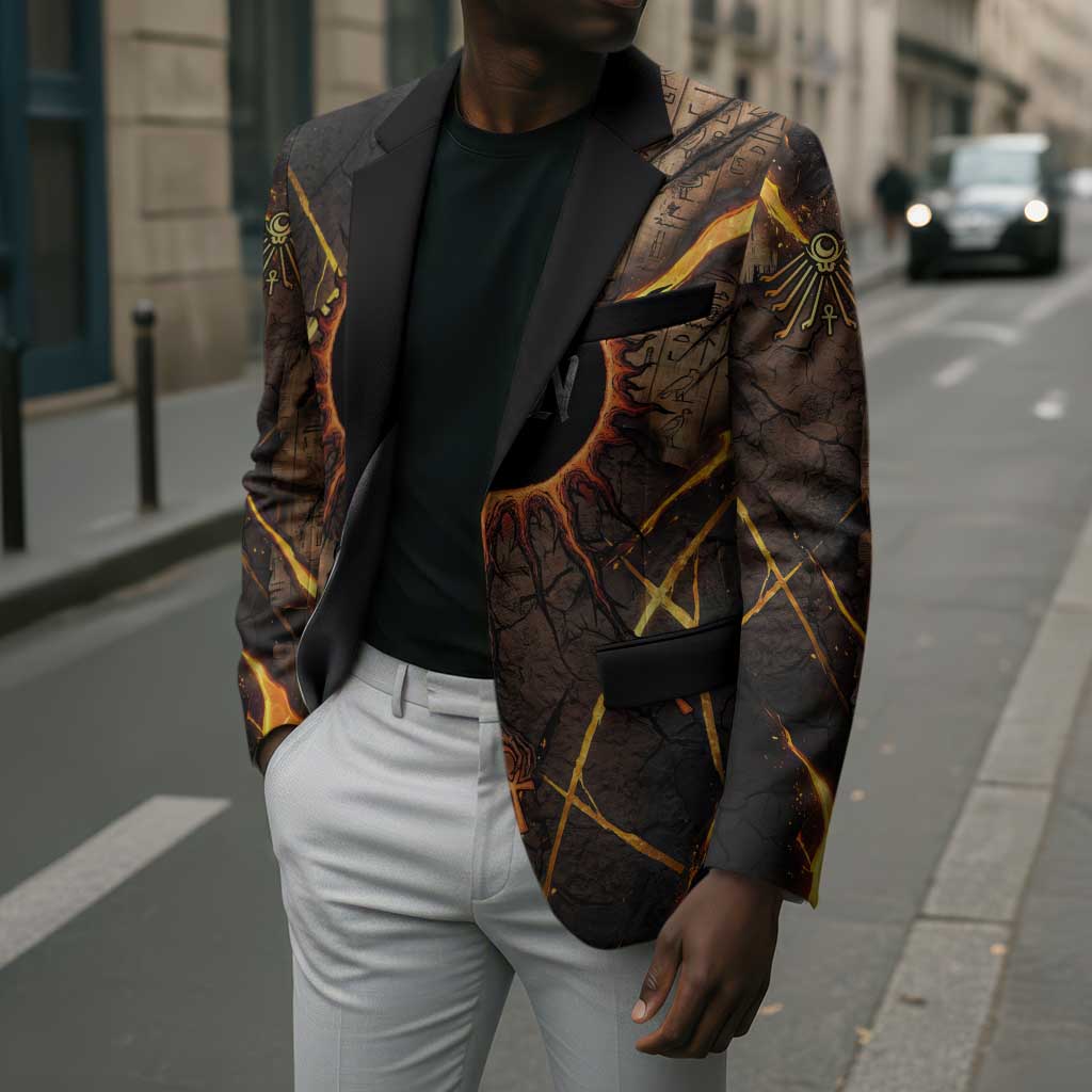Aten Blazer Ancient Egyptian Cracked Stone Hieroglyph, Solar Eclipse Emblem, and Radiant Sunburst - Wonder Print Shop