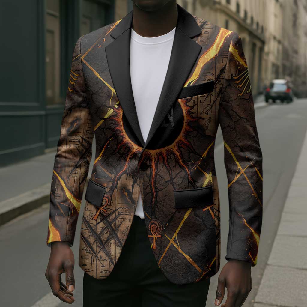 Aten Blazer Ancient Egyptian Cracked Stone Hieroglyph, Solar Eclipse Emblem, and Radiant Sunburst - Wonder Print Shop
