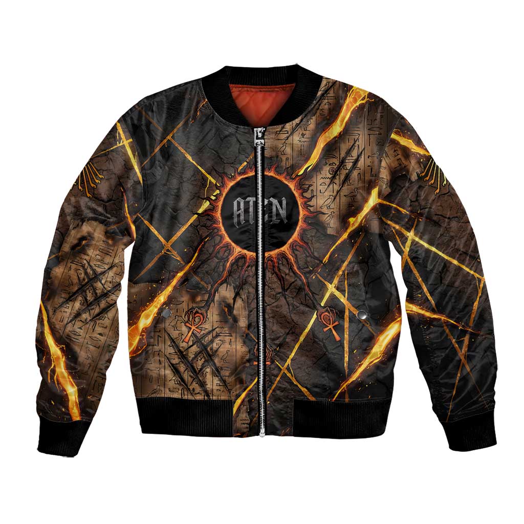 Aten Bomber Jacket Ancient Egyptian Cracked Stone Hieroglyph, Solar Eclipse Emblem, and Radiant Sunburst - Wonder Print Shop