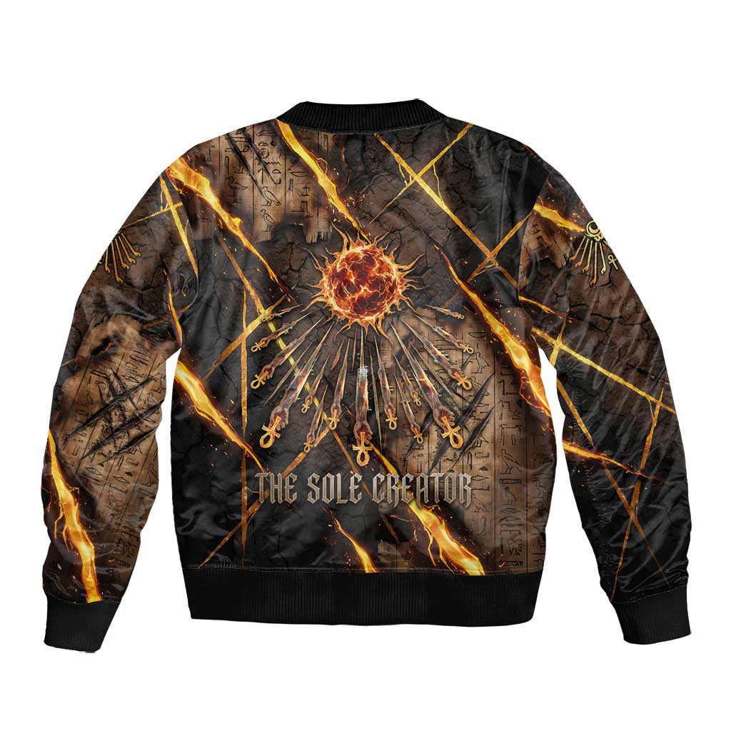 Aten Bomber Jacket Ancient Egyptian Cracked Stone Hieroglyph, Solar Eclipse Emblem, and Radiant Sunburst - Wonder Print Shop