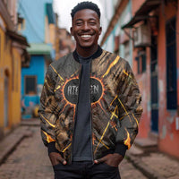 Aten Bomber Jacket Ancient Egyptian Cracked Stone Hieroglyph, Solar Eclipse Emblem, and Radiant Sunburst - Wonder Print Shop