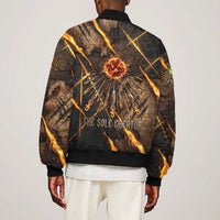 Aten Bomber Jacket Ancient Egyptian Cracked Stone Hieroglyph, Solar Eclipse Emblem, and Radiant Sunburst - Wonder Print Shop