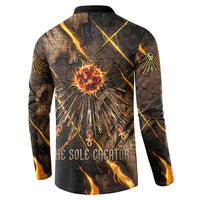 Aten Button Sweatshirt Ancient Egyptian Cracked Stone Hieroglyph, Solar Eclipse Emblem, and Radiant Sunburst