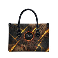 Aten Leather Bag Ancient Egyptian Cracked Stone Hieroglyph, Solar Eclipse Emblem, and Radiant Sunburst - Wonder Print Shop